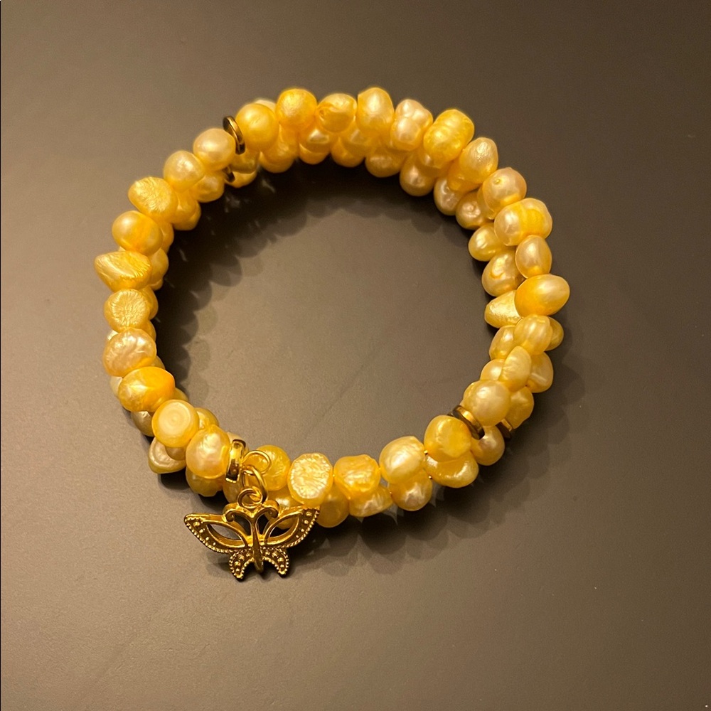 Hand Crafted Yellow Pearl Bracelet with Butterfly Charm